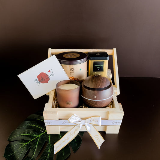 Close-up of Serenity hamper featuring rare, artisanal, and soothing elements β luxury wellness hampers India.