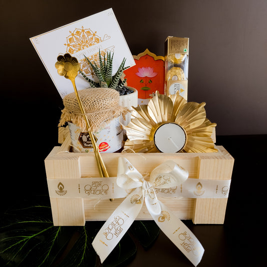 Close-up of Shubh Mangalam hamper featuring heritage-inspired and artisanal accents.