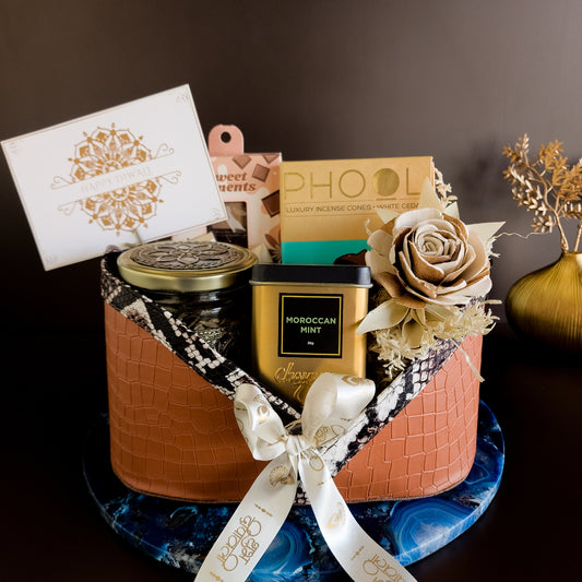 Close-up of Saanjh hamper featuring exotic and festive aroma-based elements.