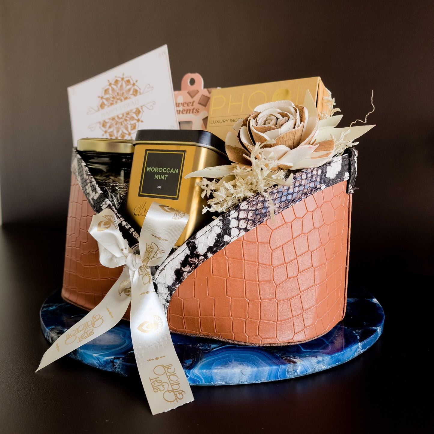 Saanjh luxury hamper styled with elegant festive accents β premium corporate Diwali hampers India.