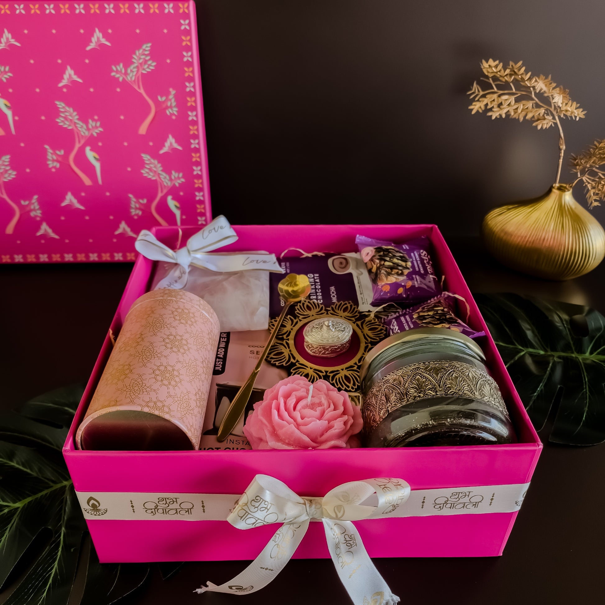 Close-up of Love & Light hamper featuring exotic and festive accents – unique employee gifting India.