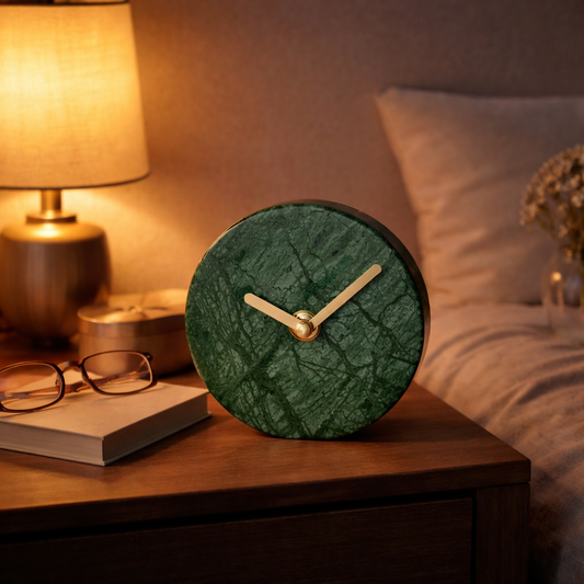 Luxury Green Marble Desk Clock with Brass Hands | Premium Stone Table Clock