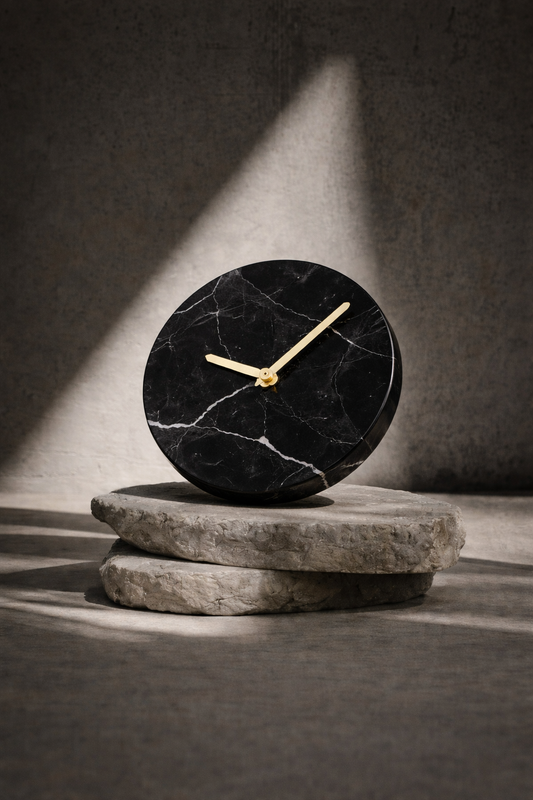 Italian Black Marble Desk Clock with Gold Hands | Modern Luxury Table Clock