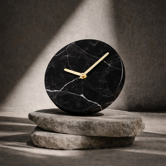 Italian Black Marble Desk Clock with Gold Hands | Modern Luxury Table Clock