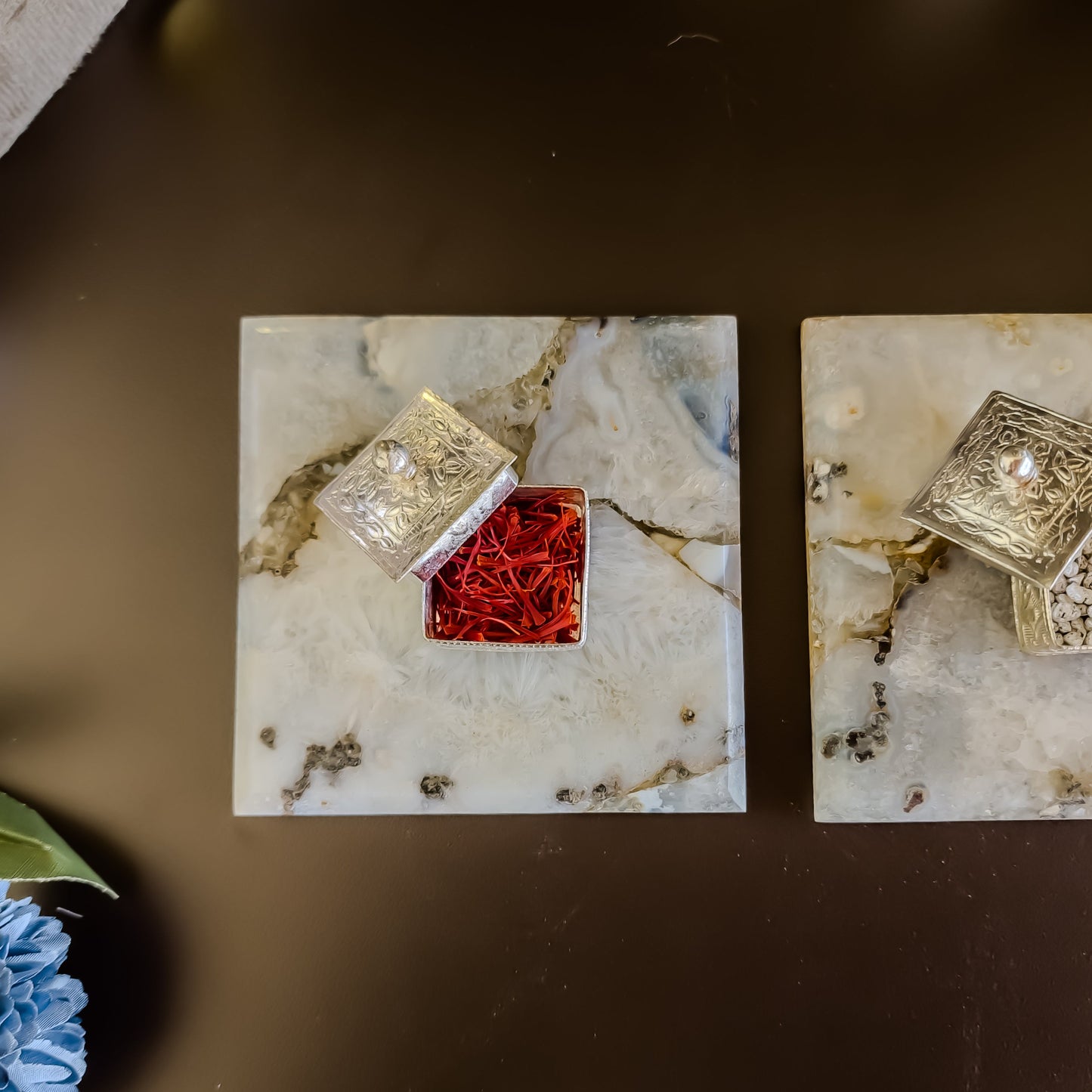 Natural Agate Kesar Elaichi Luxe Set( Square )