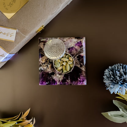 Amethyst square gemstone coaster with silver dibbi