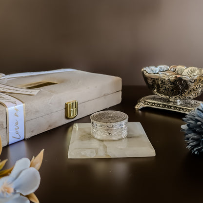White quartz square gemstone coaster with silver dibbi