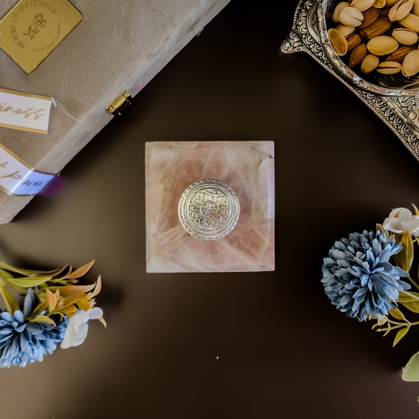 Rose quartz square gemstone coaster with silver dibbi