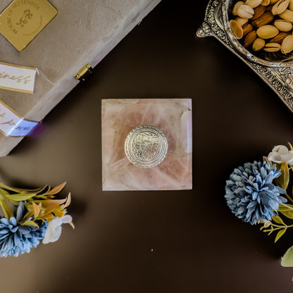 Rose quartz square gemstone coaster with silver dibbi