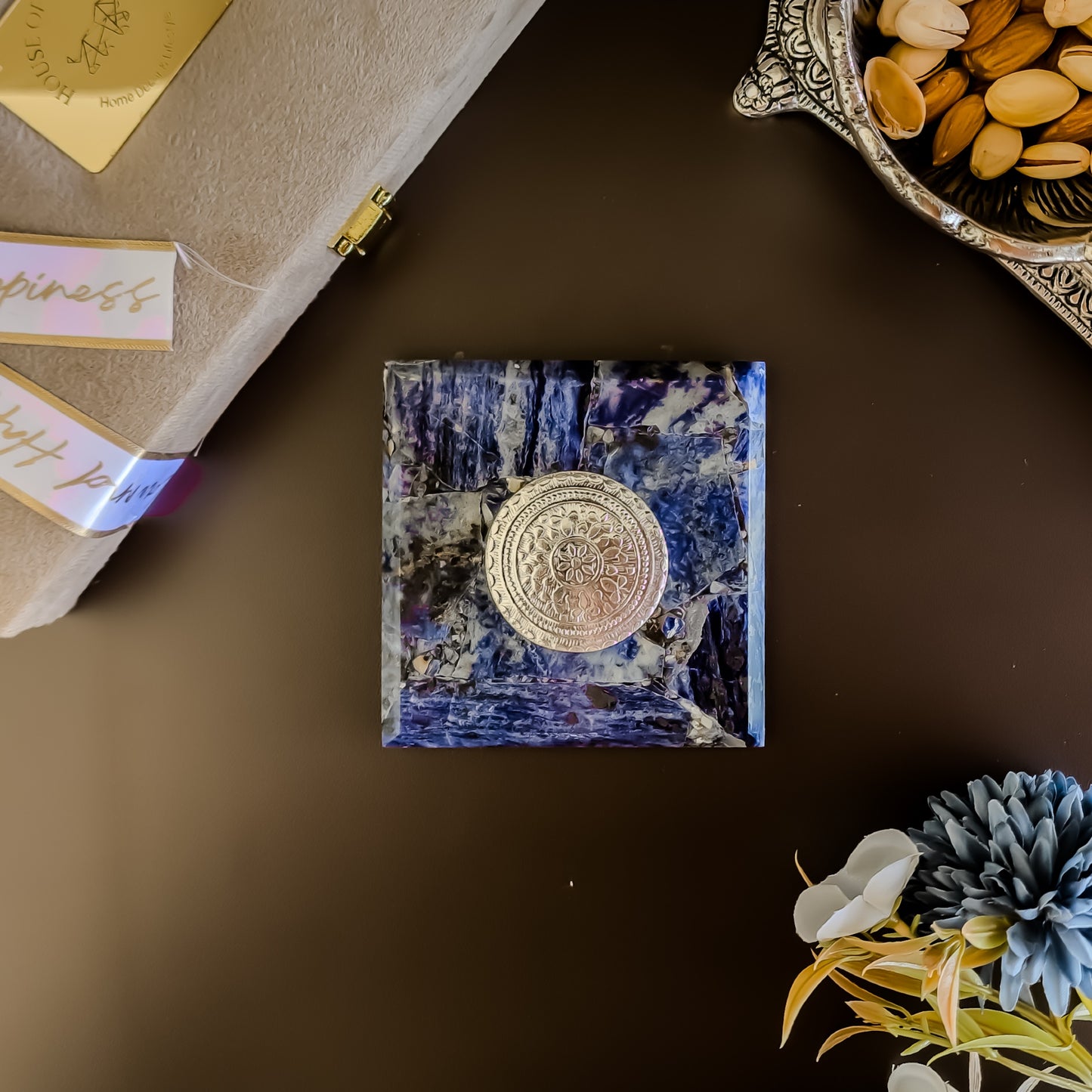 Sodalite square gemstone coaster with silver dibbi