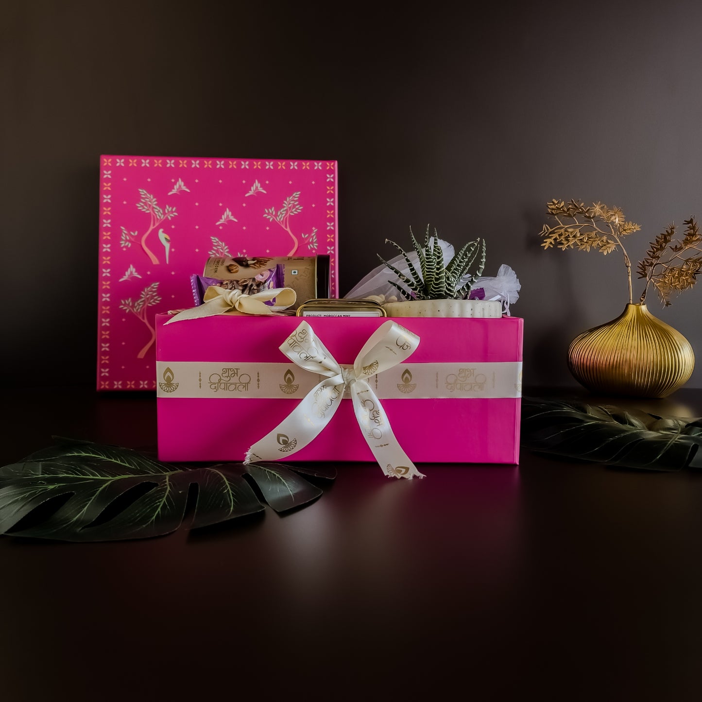 Artfully designed Diwali greetings box with rare and exotic gift elements – premium hampers for clients.