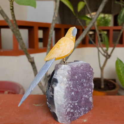 Yellow Aventurine & Kyanite Crystal Bird on Geode