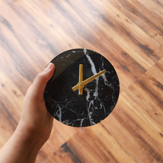 Italian Black Marble Desk Clock with Gold Hands | Modern Luxury Table Clock