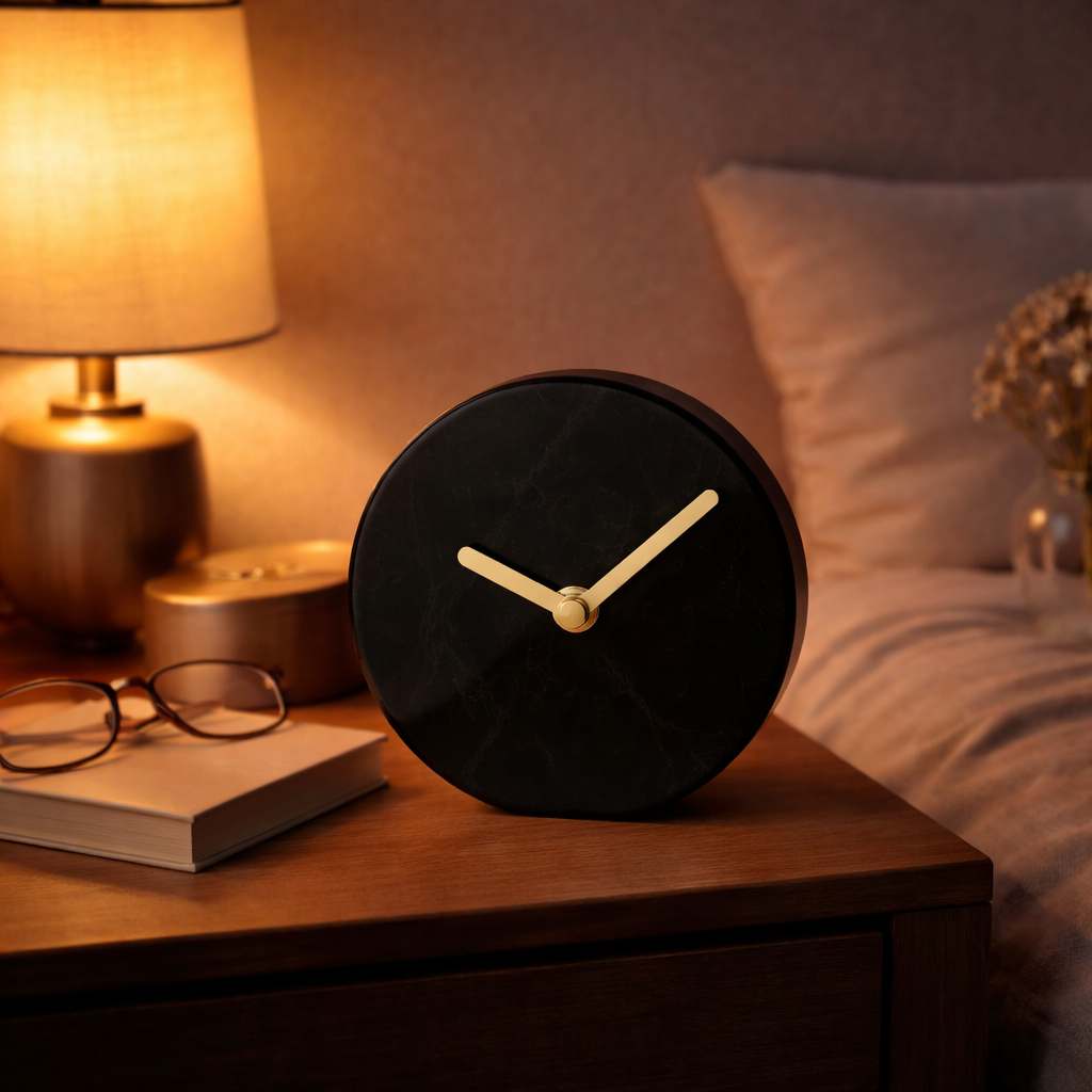 Italian Black Marble Desk Clock with Gold Hands | Modern Luxury Table Clock