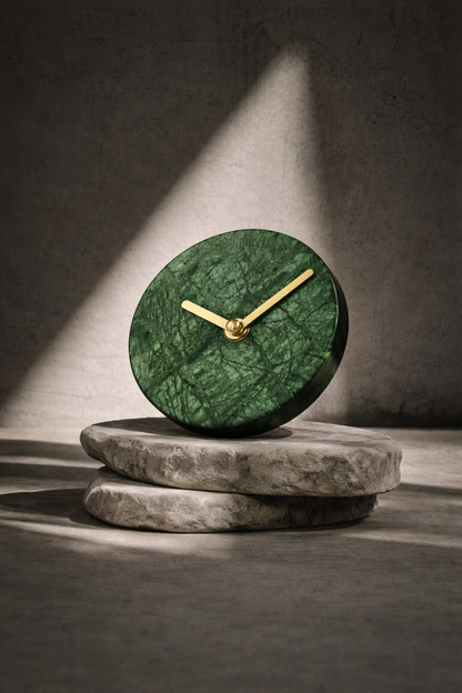 Luxury Green Marble Desk Clock with Brass Hands | Premium Stone Table Clock
