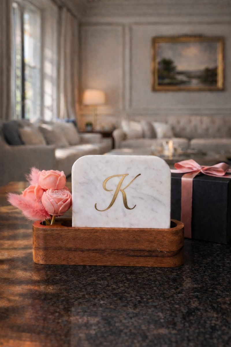 Personalised Name Initial Marble Décor Candle Bouquet Gift Set