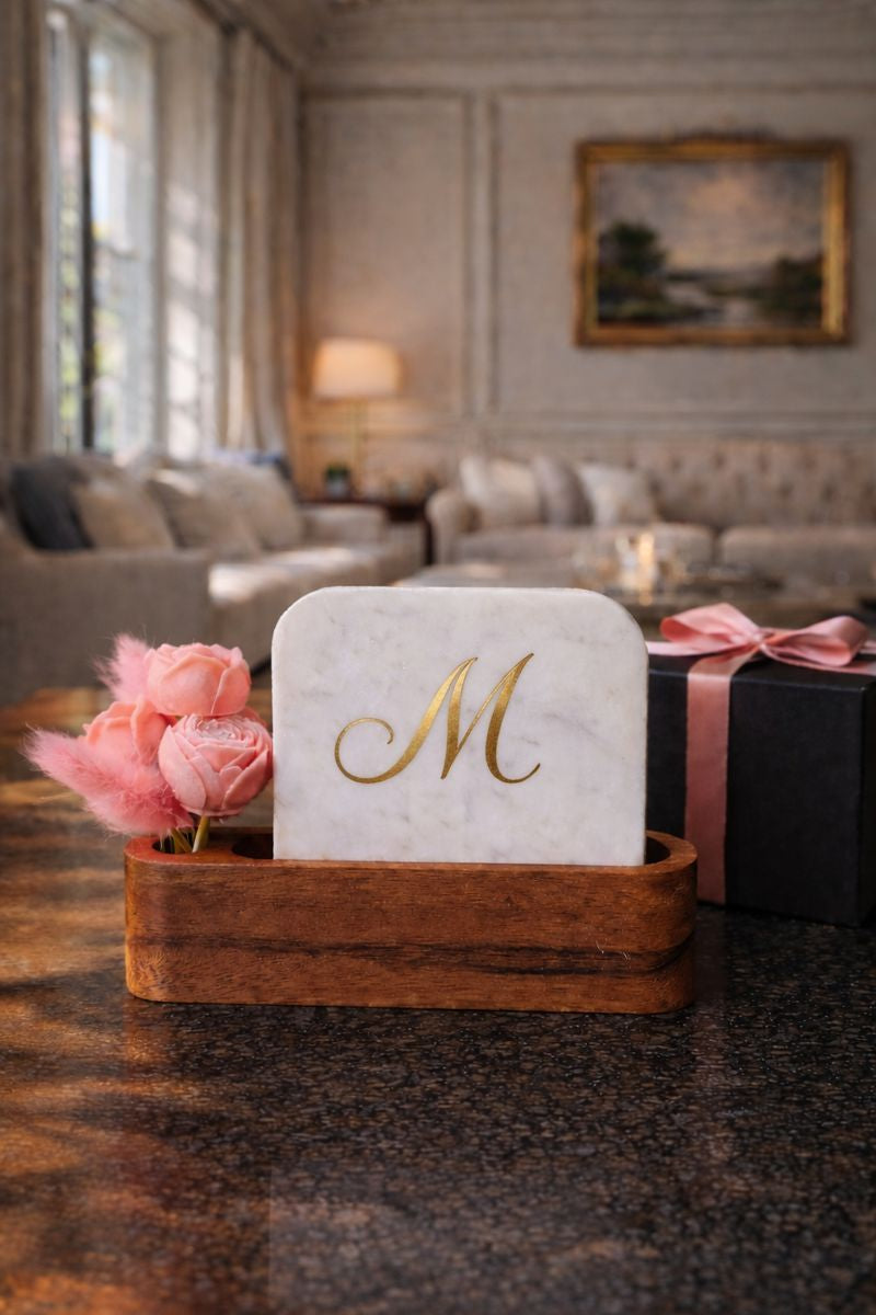 Personalised Name Initial Marble Décor Candle Bouquet Gift Set